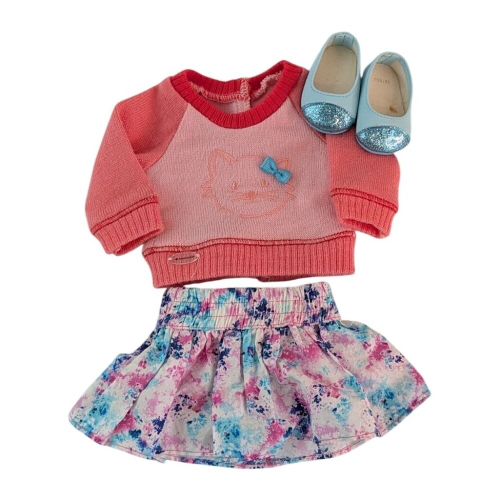 American Girl School Set Outfit Kitten Sweater Skirt Blue Sparkle Ballet Flat Sh